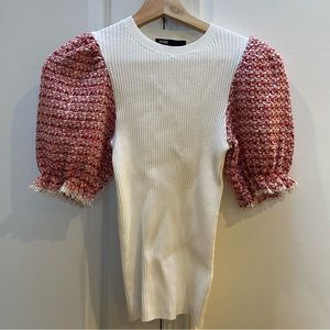 Maje knit too with puffy tweed sleeves